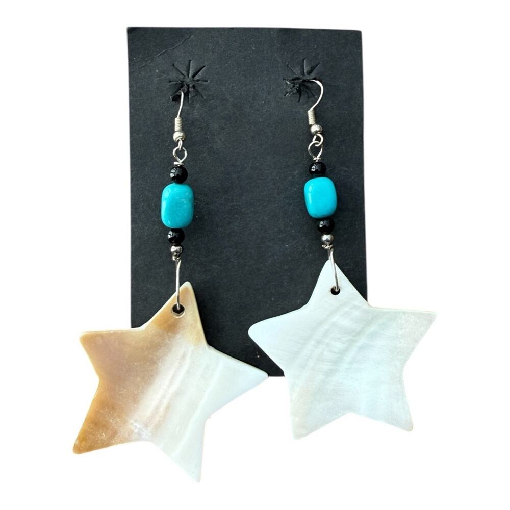 Vintage Beaded Star Mother of Pearl Shell Earrings Chunky Vacation Statement